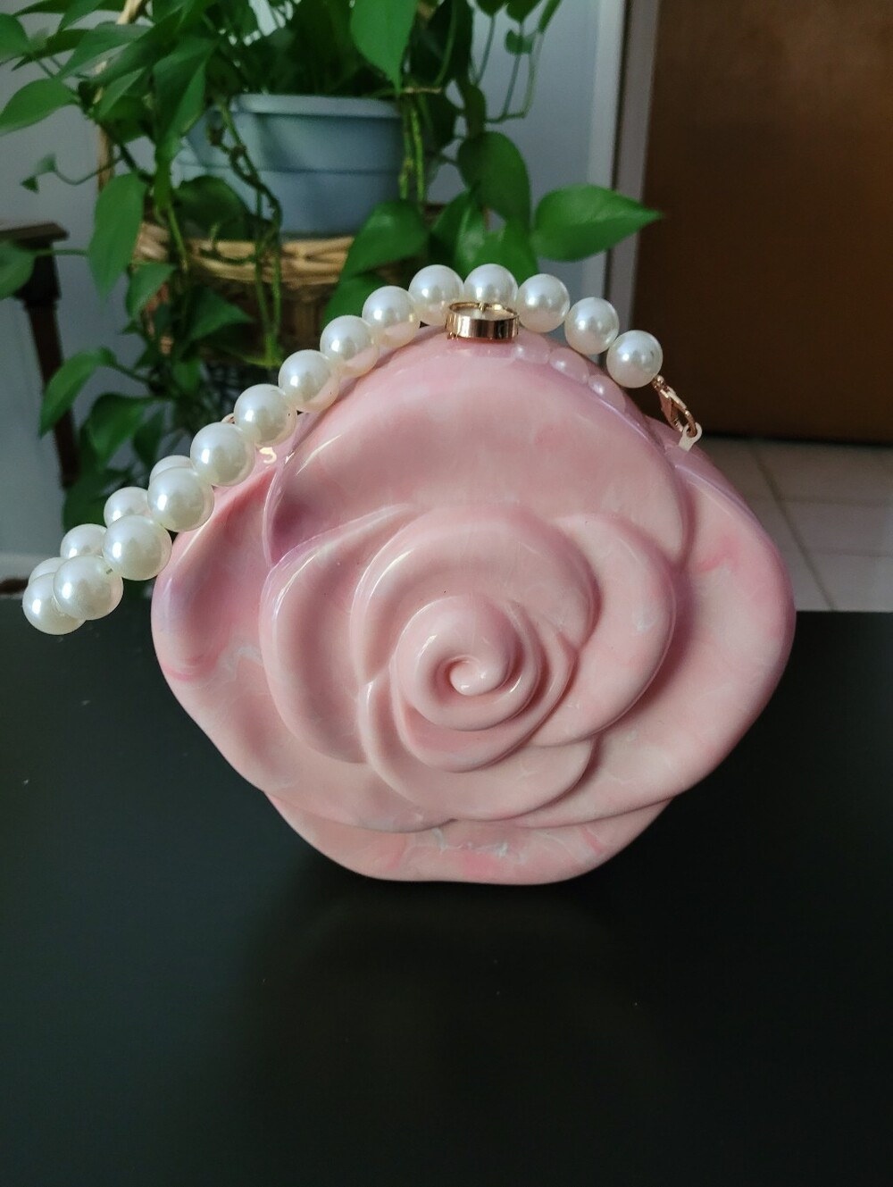 Pink Rose Resin Clutch with Pearl Handle